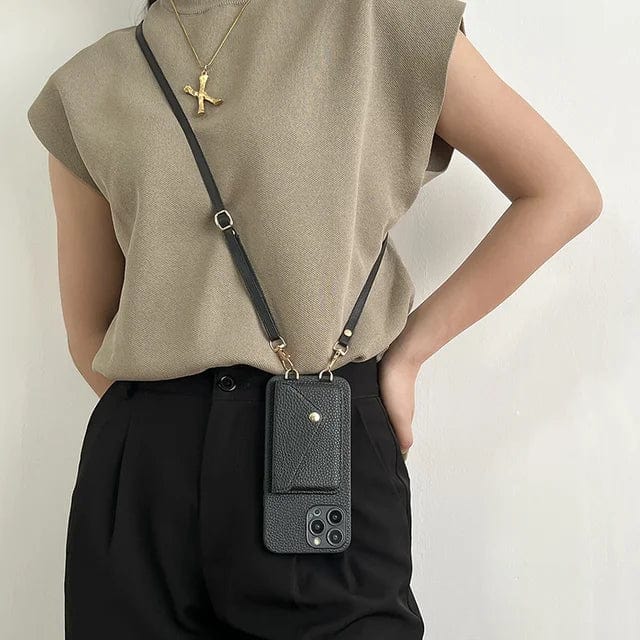 Porte-téléphone crossbody en cuir avec porte-cartes, bandoulière, dragonne, fermoir magnétique et fonction mains libres | Sansoti