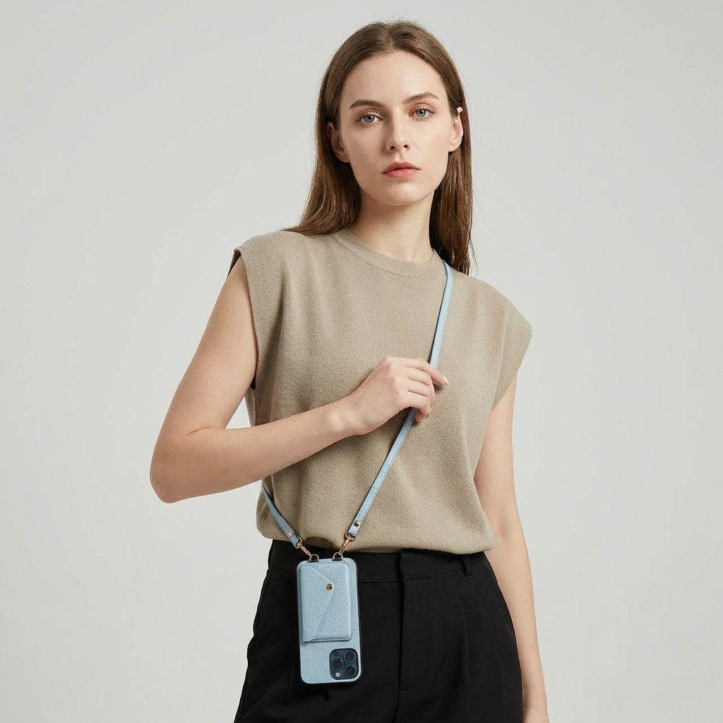 Porte-téléphone crossbody en cuir avec porte-cartes, bandoulière, dragonne, fermoir magnétique et fonction mains libres | Sansoti