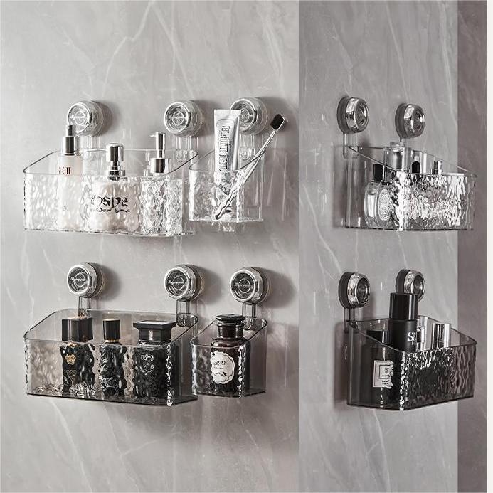 Étagère murale de salle de bains à ventouses, sans perçage, organiseur transparent gris, support de rangement à fixation murale renforcée, tablette de douche | Sansoti