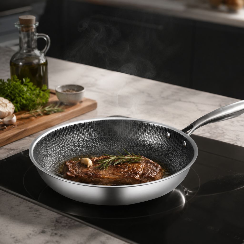 Antihaft-Bratpfanne aus Edelstahl 30 cm mit Wabenmuster, Induktion, spülmaschinenfest, ergonomischer Griff, Küche | Sansoti