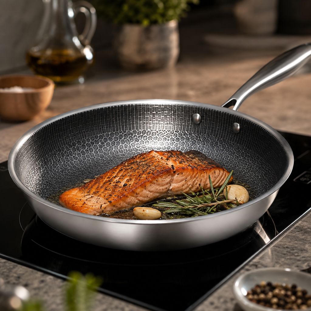 Antihaft-Bratpfanne aus Edelstahl 30 cm mit Wabenmuster, Induktion, spülmaschinenfest, ergonomischer Griff, Küche | Sansoti