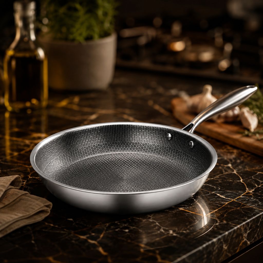 Antihaft-Bratpfanne aus Edelstahl 30 cm mit Wabenmuster, Induktion, spülmaschinenfest, ergonomischer Griff, Küche | Sansoti