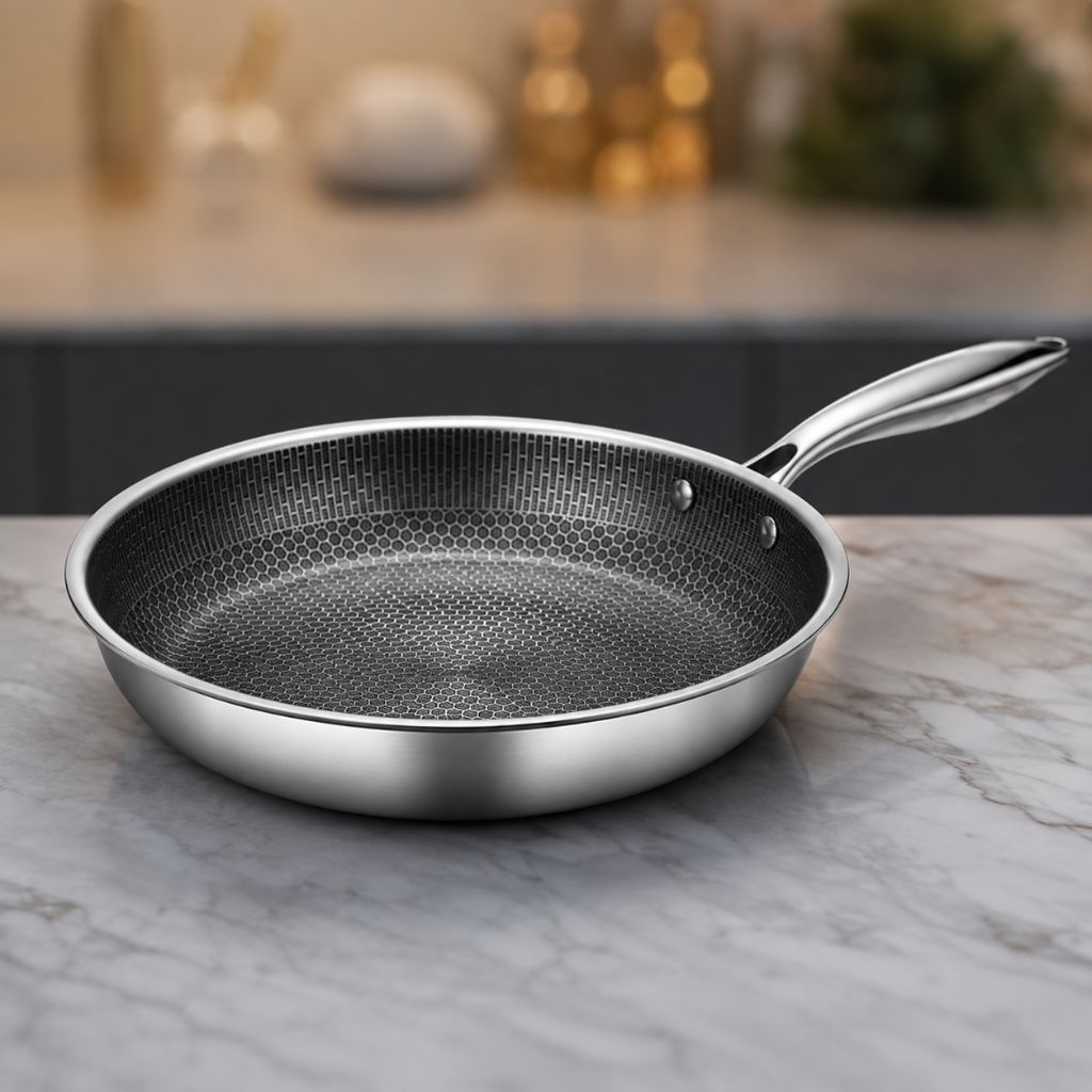 Antihaft-Bratpfanne aus Edelstahl 30 cm mit Wabenmuster, Induktion, spülmaschinenfest, ergonomischer Griff, Küche | Sansoti