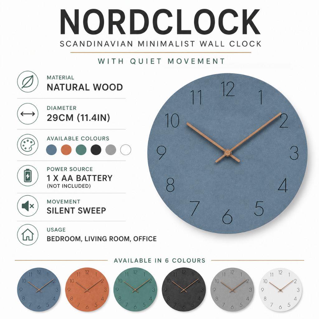 Houten Wandklok Stil Uurwerk Scandinavisch Design 29cm Rond Minimalistisch Woonkamer Slaapkamer Kantoor | Sansoti