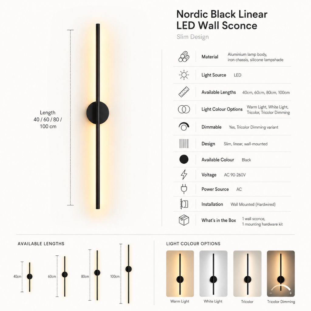 Lineare LED-Wandleuchte aus mattschwarzem Aluminium, schmales modernes Design, stimmungsvolle Beleuchtung für Schlafzimmer, Wohnzimmer und Flur | Sansoti