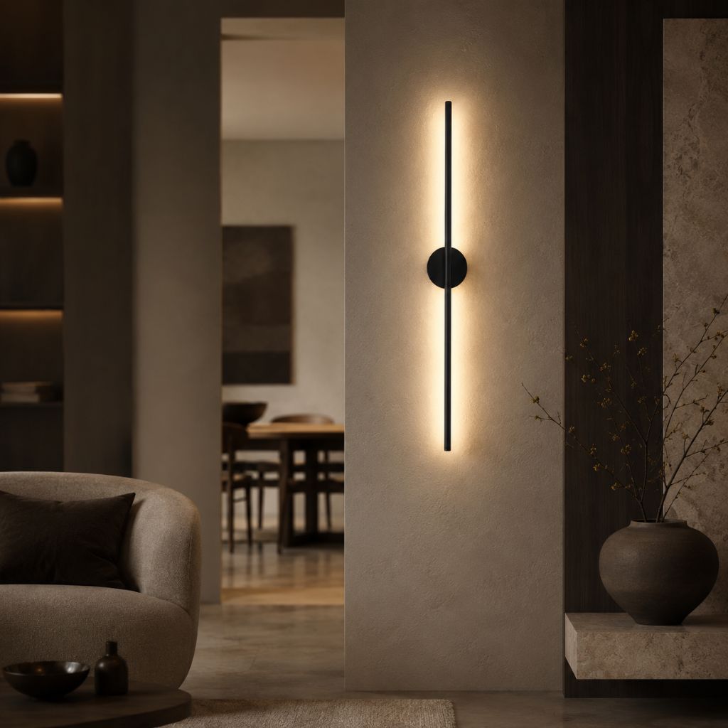Lineare LED-Wandleuchte aus mattschwarzem Aluminium, schmales modernes Design, stimmungsvolle Beleuchtung für Schlafzimmer, Wohnzimmer und Flur | Sansoti