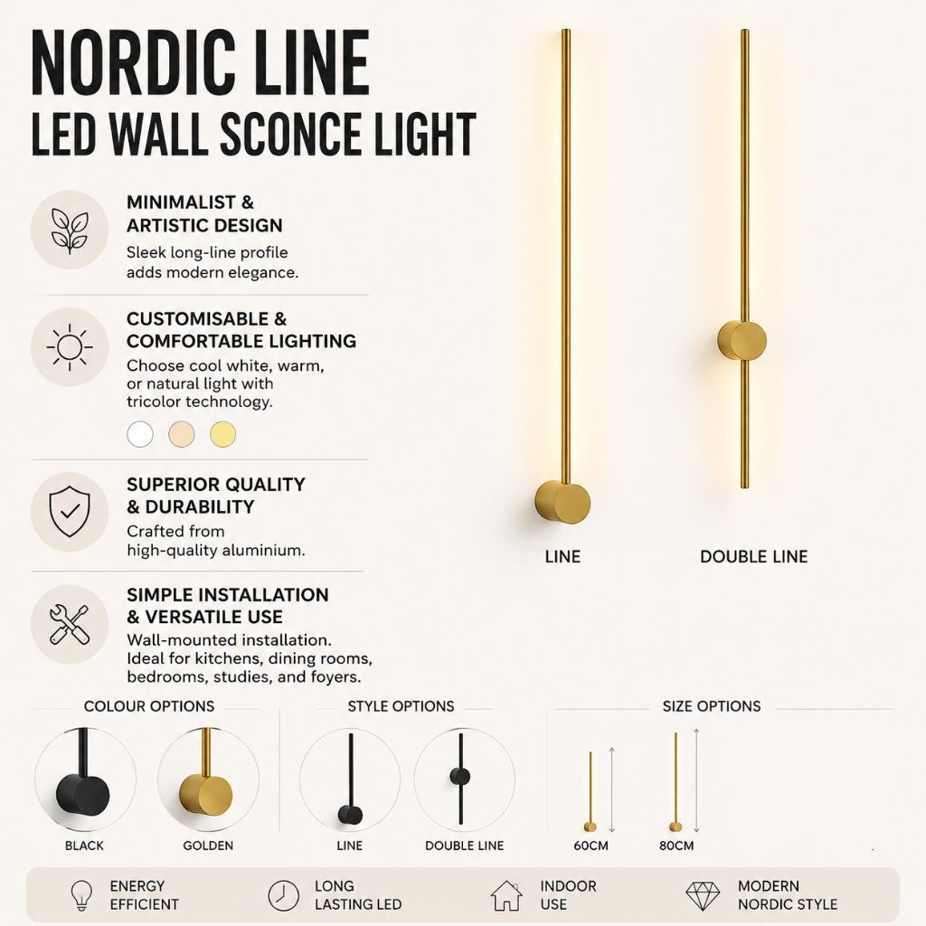 Minimalistische LED-Wandleuchte aus Aluminium 60–80 cm Schwarz Gold Wohnzimmer Schlafzimmer Flur Modernes, schlichtes Design | Sansoti