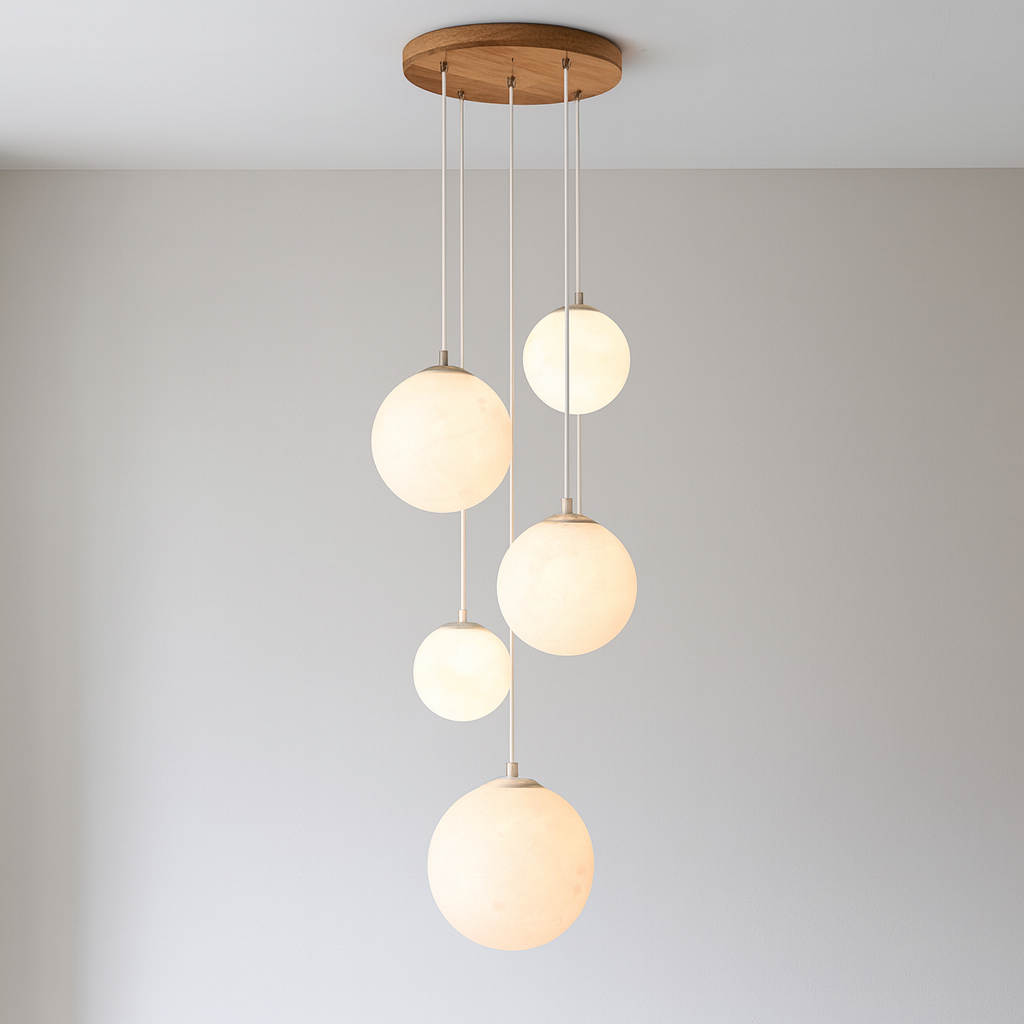 Suspension lune pour cage d’escalier 5 globes en verre E27 LED réglable Design moderne scandinave pour plafond haut | Sansoti