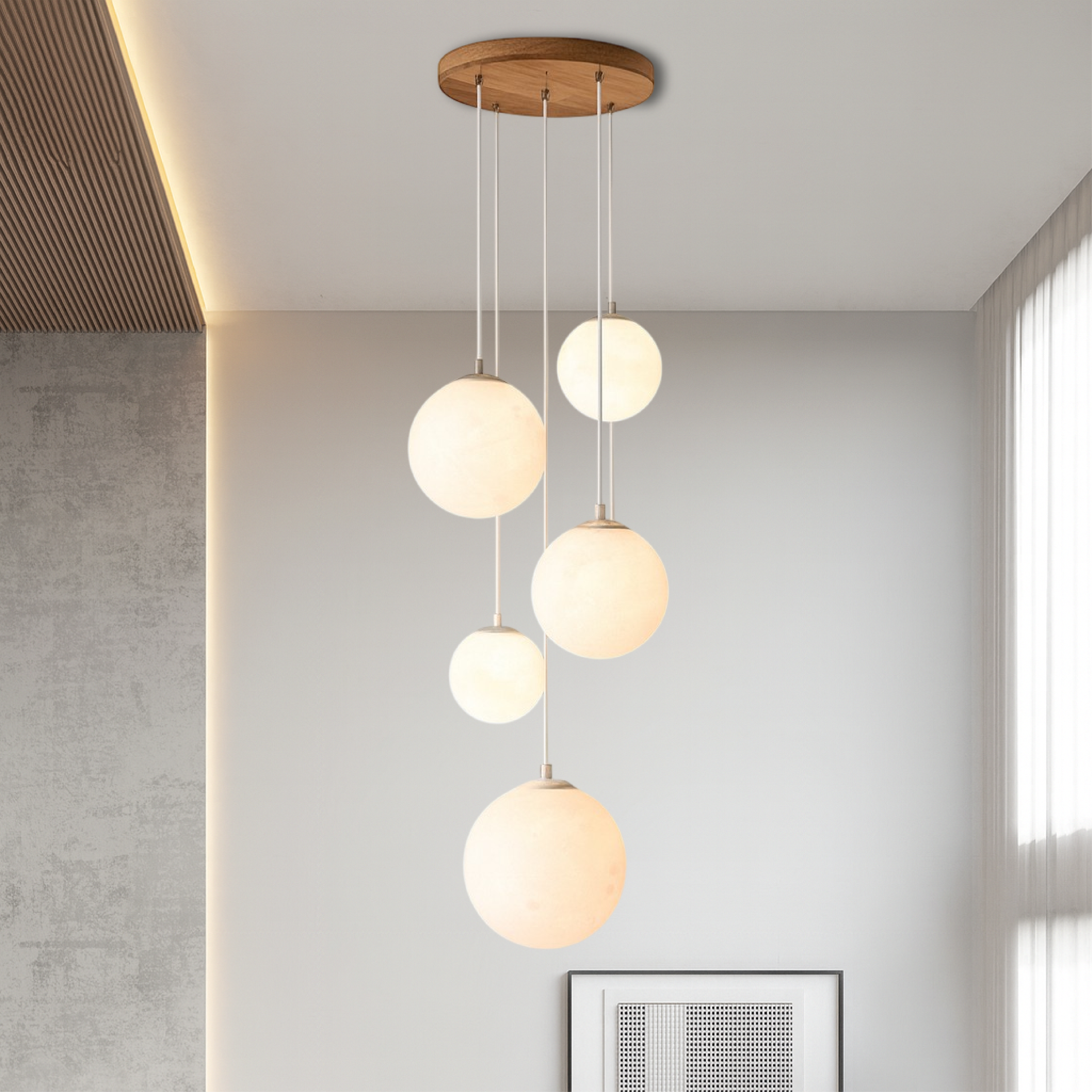Suspension lune pour cage d’escalier 5 globes en verre E27 LED réglable Design moderne scandinave pour plafond haut | Sansoti