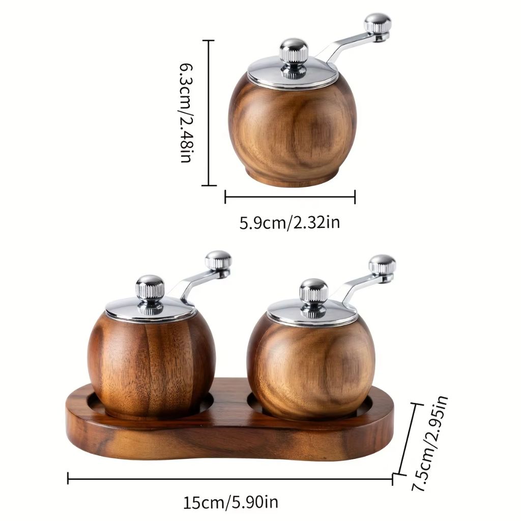 Set de moulins à poivre et à sel en bois avec mécanisme de broyage sphérique et support pour table, cuisine et salle à manger, design scandinave | Sansoti