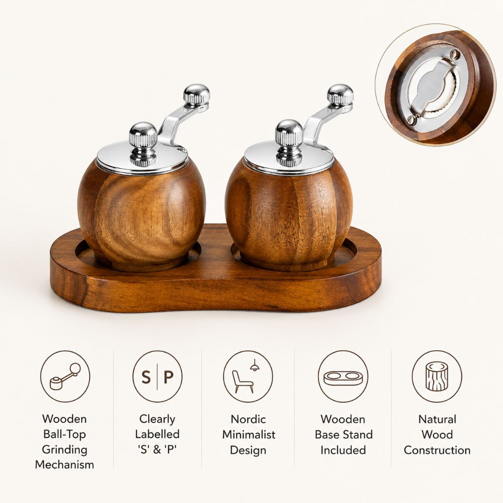 Set de moulins à poivre et à sel en bois avec mécanisme de broyage sphérique et support pour table, cuisine et salle à manger, design scandinave | Sansoti