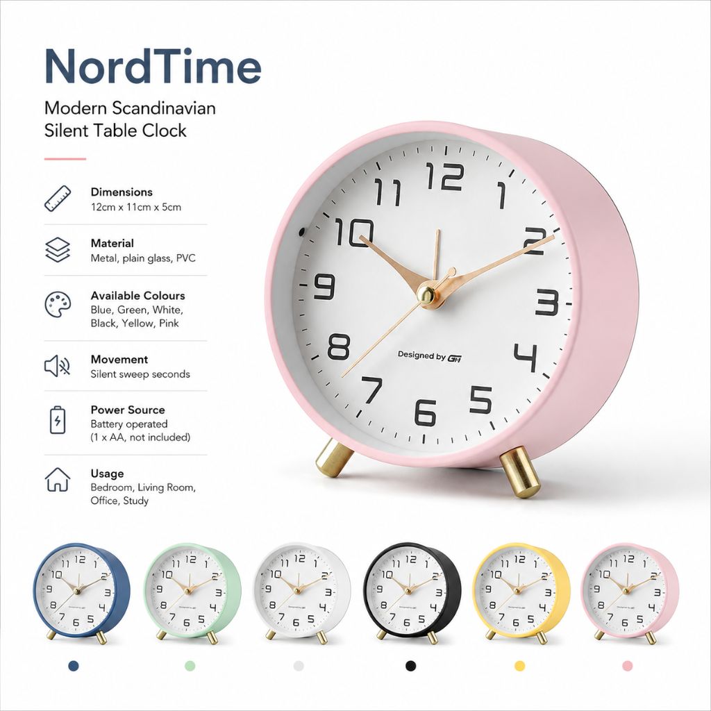 Leise Tischuhr aus Metall im skandinavischen Design, Durchmesser 12 cm, Blau Grün Weiß Schwarz Gelb Rosa, Wohnzimmer Schreibtisch | Sansoti