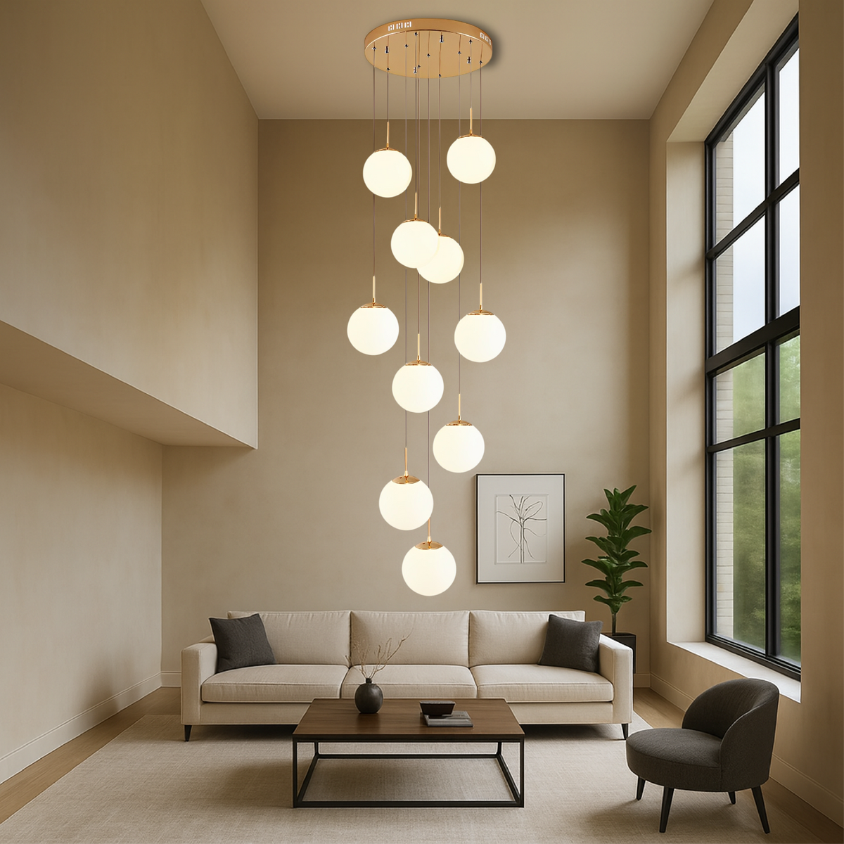 Lustre en cascade avec boules en verre réglable pour grands espaces design scandinave salon salle à manger | Sansoti