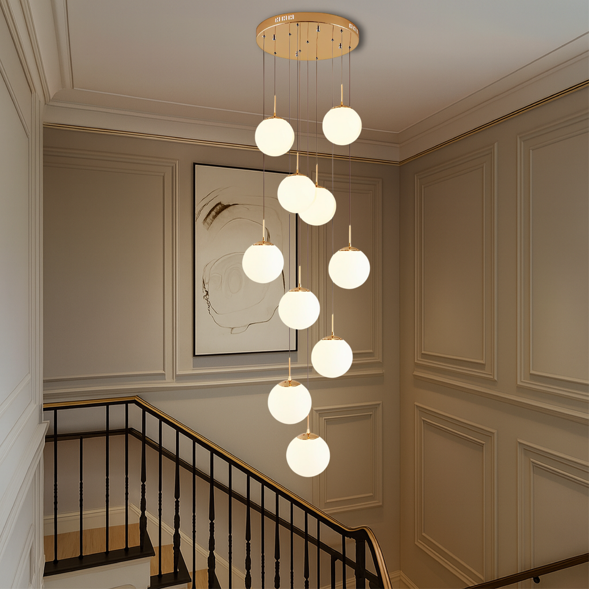 Lustre en cascade avec boules en verre réglable pour grands espaces design scandinave salon salle à manger | Sansoti
