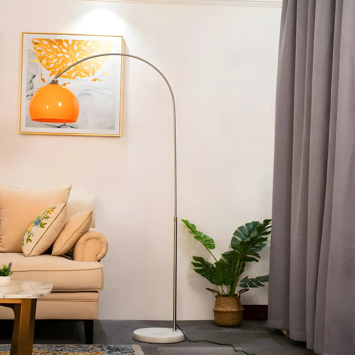 Lampadaire moderne en arc avec abat-jour en dôme acrylique et structure métallique de 220 cm de haut pour salon et coin lecture | Restfield