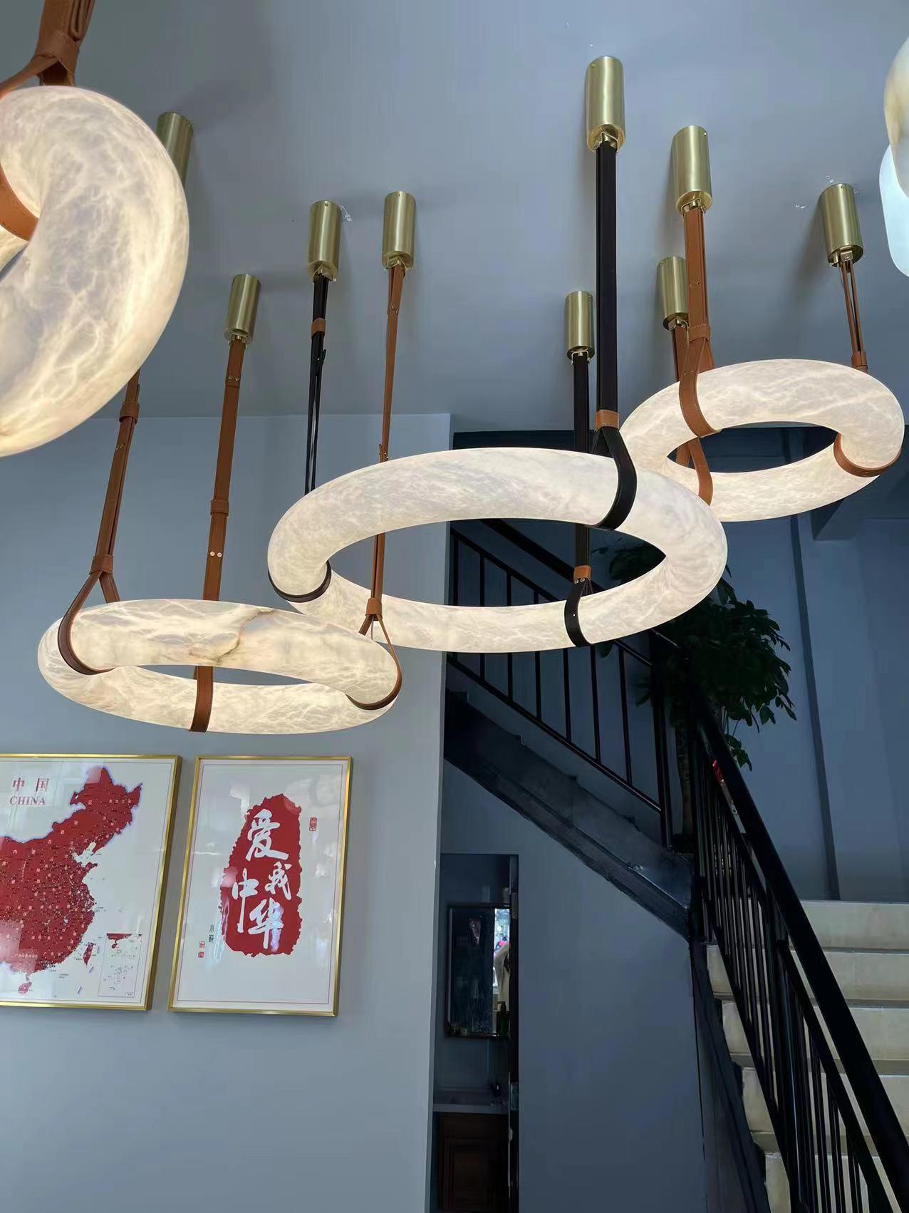 Hängelampe Alabaster Ring LED Dunkelbraun Braun Gold Wohnzimmer Esszimmer 3000K 4000K 6000K Ø30 Ø120cm Naturstein Pendelleuchte | Restfield