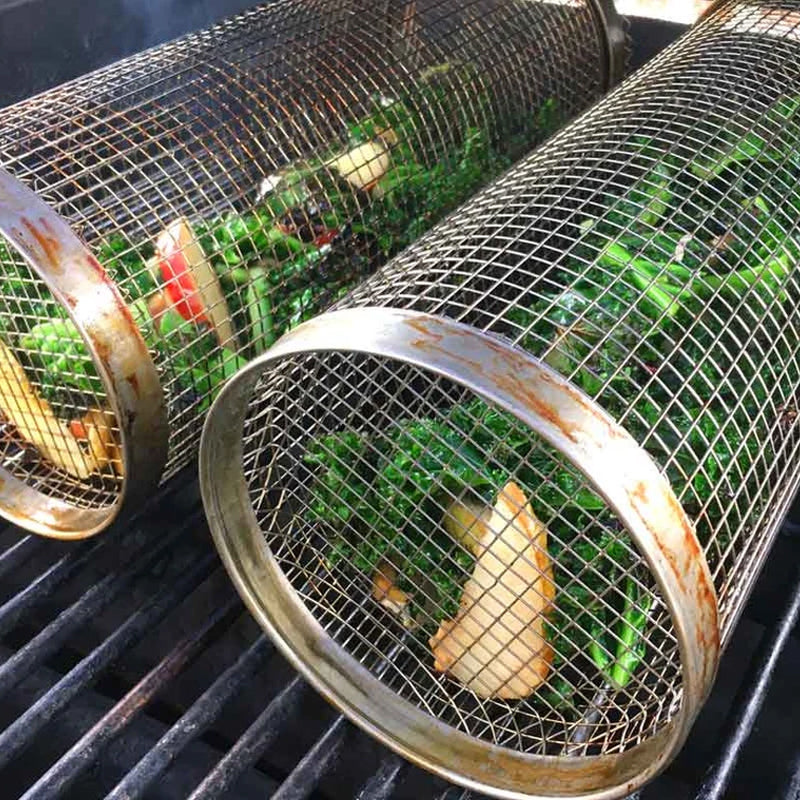 Obrotowy koszyk grillowy BBQ ze stali nierdzewnej, 360°, rożen do warzyw, mięsa i ryb, akcesorium do grilla, do gotowania na świeżym powietrzu | Sansoti