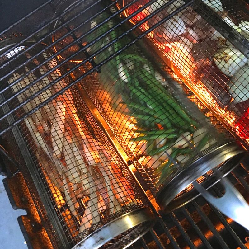 Obrotowy koszyk grillowy BBQ ze stali nierdzewnej, 360°, rożen do warzyw, mięsa i ryb, akcesorium do grilla, do gotowania na świeżym powietrzu | Sansoti