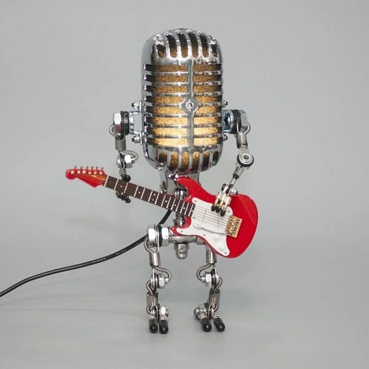 Lampe robot avec microphone et guitare, en métal, lampe de table vintage noire, blanche, rouge et jaune, réglable, design musicien | Sansoti