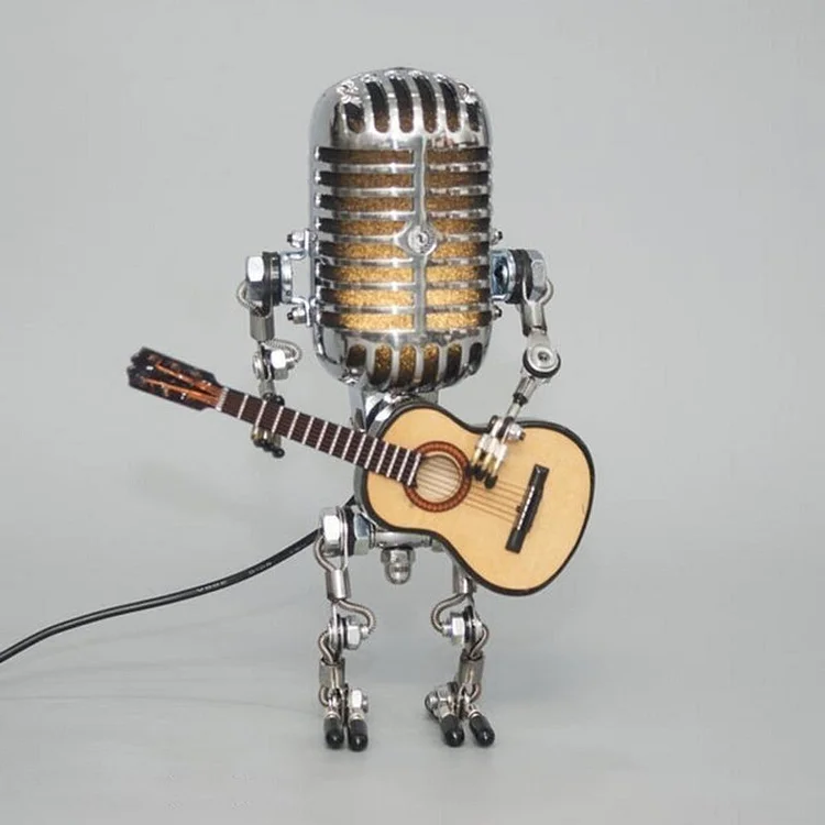 Lampe robot avec microphone et guitare, en métal, lampe de table vintage noire, blanche, rouge et jaune, réglable, design musicien | Sansoti