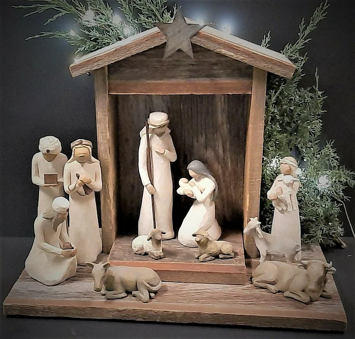 20-teiliges Weihnachtskrippen-Set aus handgefertigtem Holz mit Figuren von Maria, Josef, Hirten und Tieren als Weihnachtsdekoration für das Wohnzimmer | Sansoti