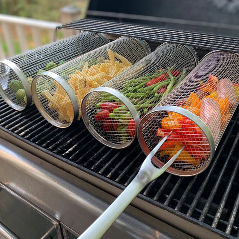 Obrotowy koszyk grillowy BBQ ze stali nierdzewnej, 360°, rożen do warzyw, mięsa i ryb, akcesorium do grilla, do gotowania na świeżym powietrzu | Sansoti