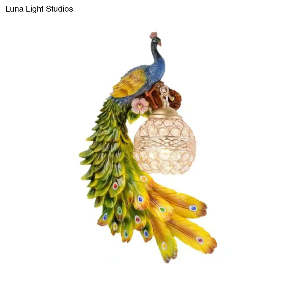 Applique murale paon avec boule en verre cristal, 46 cm, résine élégante, éclairage mural intérieur gauche ou droit, pour salon et chambre | Sansoti