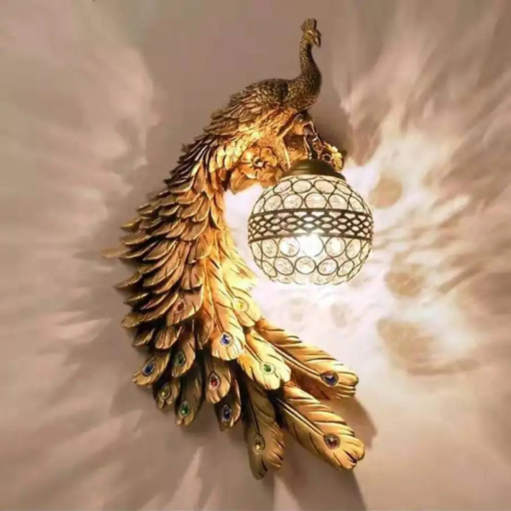 Applique murale paon avec boule en verre cristal, 46 cm, résine élégante, éclairage mural intérieur gauche ou droit, pour salon et chambre | Sansoti