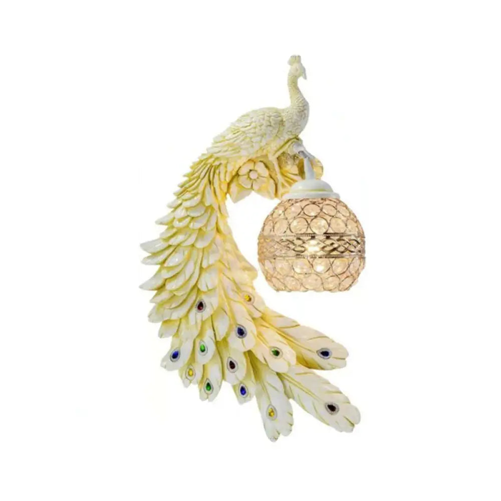 Applique murale paon avec boule en verre cristal, 46 cm, résine élégante, éclairage mural intérieur gauche ou droit, pour salon et chambre | Sansoti