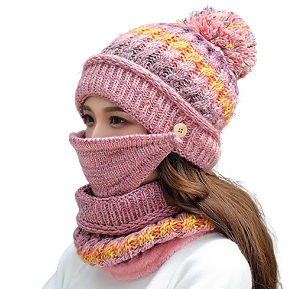 Knitted Hat and Scarf Set with Velvet Lining Removable Face Mask Winter Accessory Warm and Comfortable Women | Sansoti