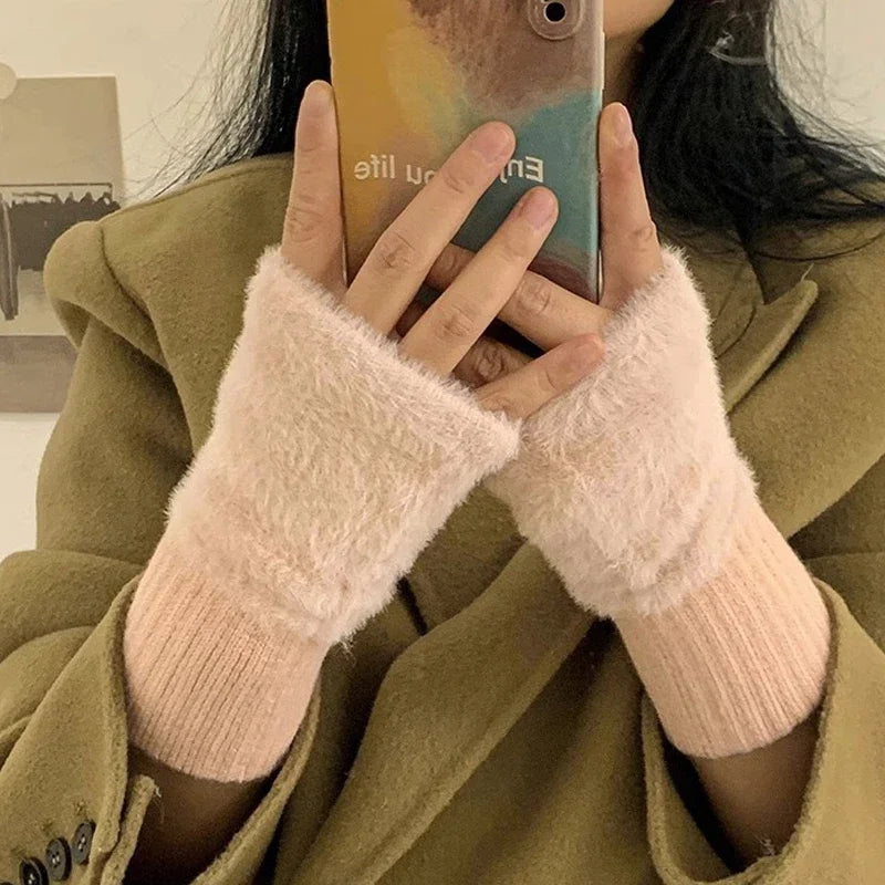 Fingerless gloves plush women's winter warm typing phone touchscreen one size comfortable soft | Sansoti