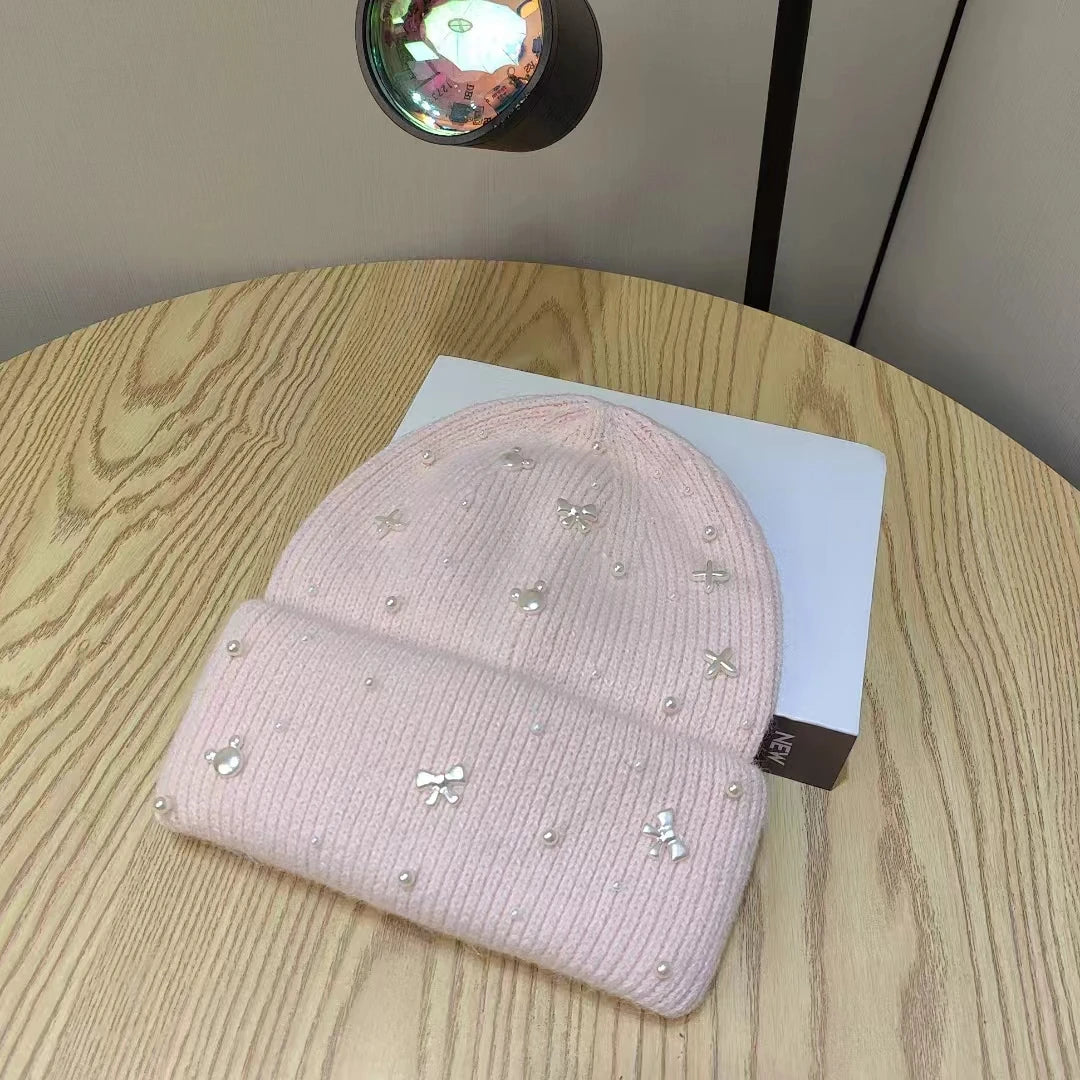 Knitted Winter Hat with Pearl Decoration Wool Felt Women Men Warm Adjustable Cozy Winter Accessory | Sansoti