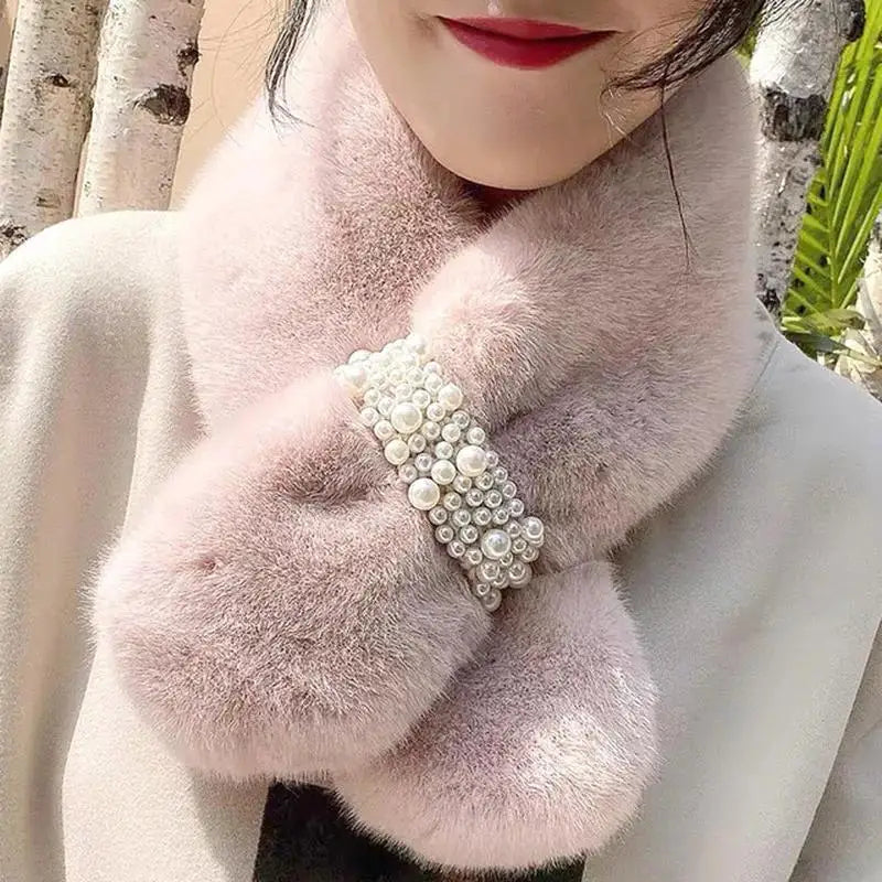 Winter Scarf Faux Fur Pearl Detail Women's Cross-Style Warm Neck Scarf Elegant Winter Fashion Accessory | Sansoti