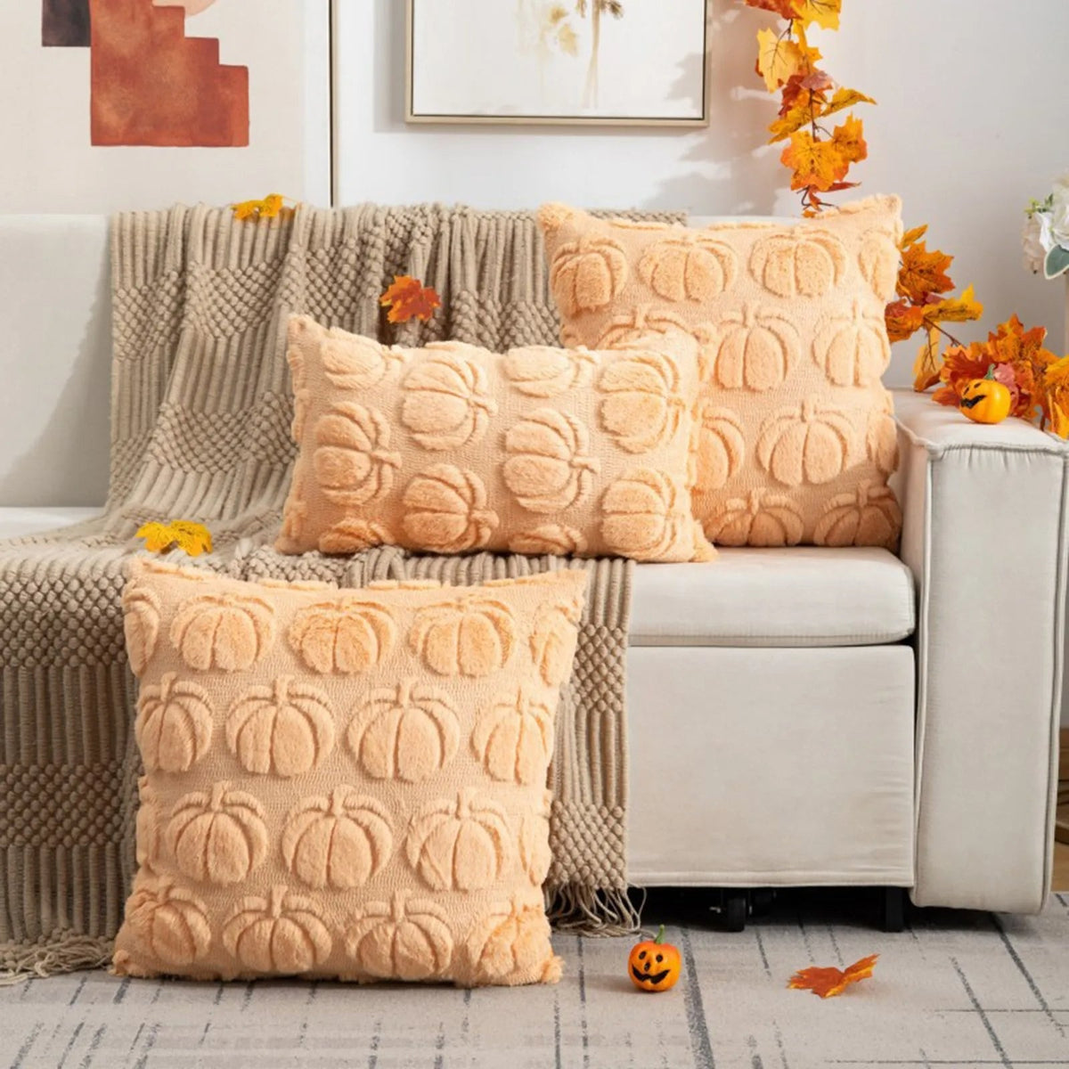 Housse de coussin citrouille d’Halloween en peluche 45x45 cm, coussin décoratif, décoration festive automnale et saisonnière pour la maison | Sansoti