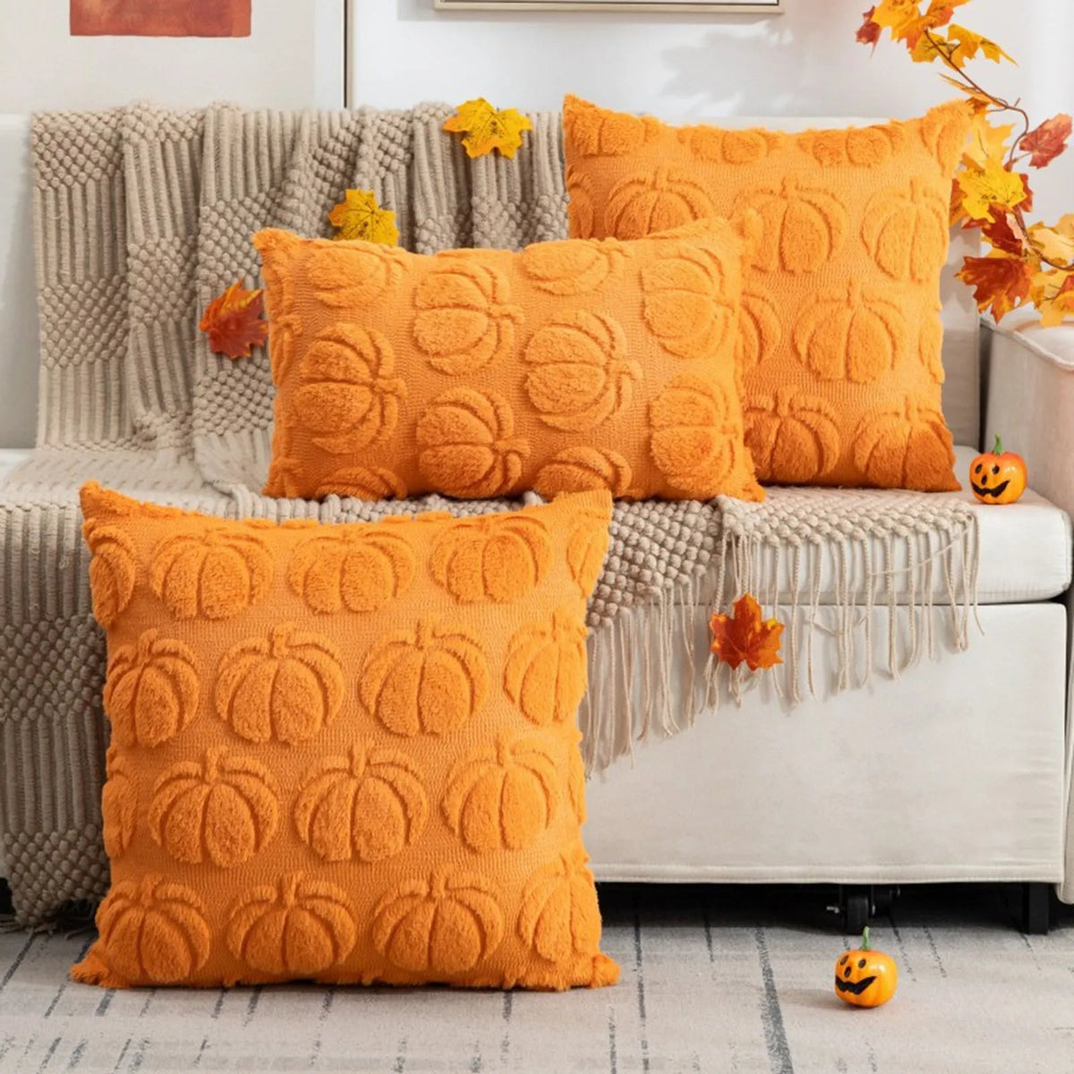 Housse de coussin citrouille d’Halloween en peluche 45x45 cm, coussin décoratif, décoration festive automnale et saisonnière pour la maison | Sansoti