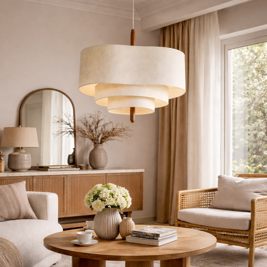 Stoff-Hängelampe für Wohnzimmer & Esszimmer | Design-Deckenleuchte im Japandi-Stil