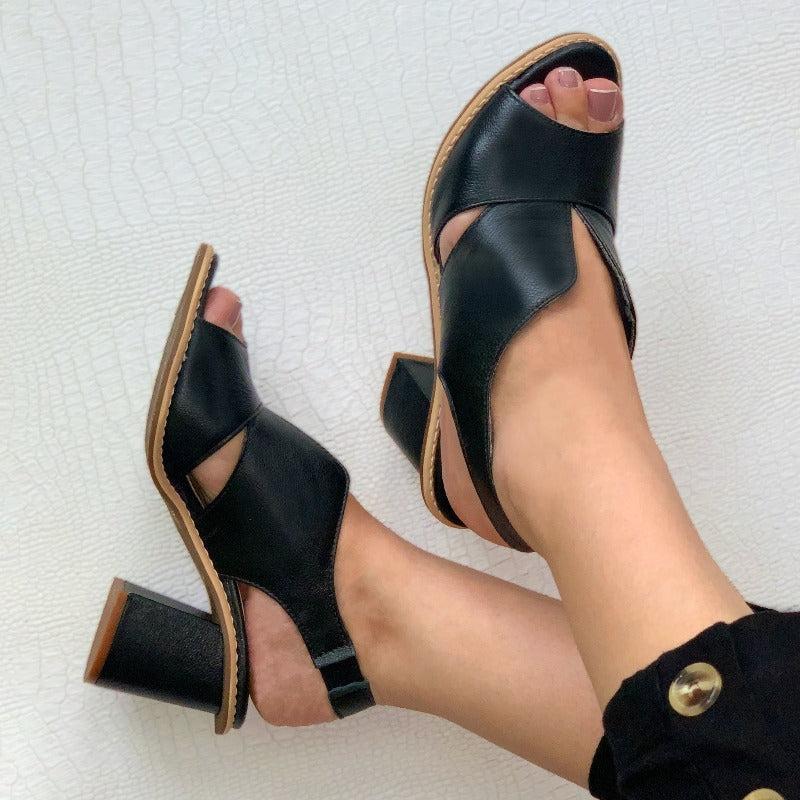 Dames Sandalen met Blokhak Open Teen Elegant Comfortabel Leer Bordeauxrood Zomerschoenen | Sansoti