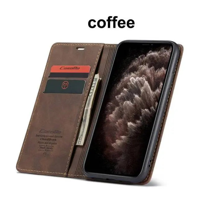 Leather Wallet Phone Case iPhone 11 Cognac Black Red Blue Wallet Case Camera Protection Card Slots | Sansoti