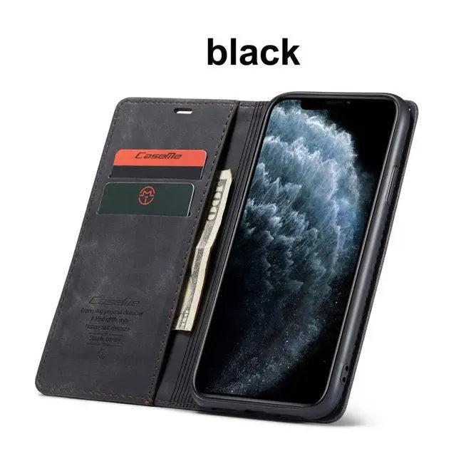 Leather Wallet Phone Case iPhone 11 Cognac Black Red Blue Wallet Case Camera Protection Card Slots | Sansoti
