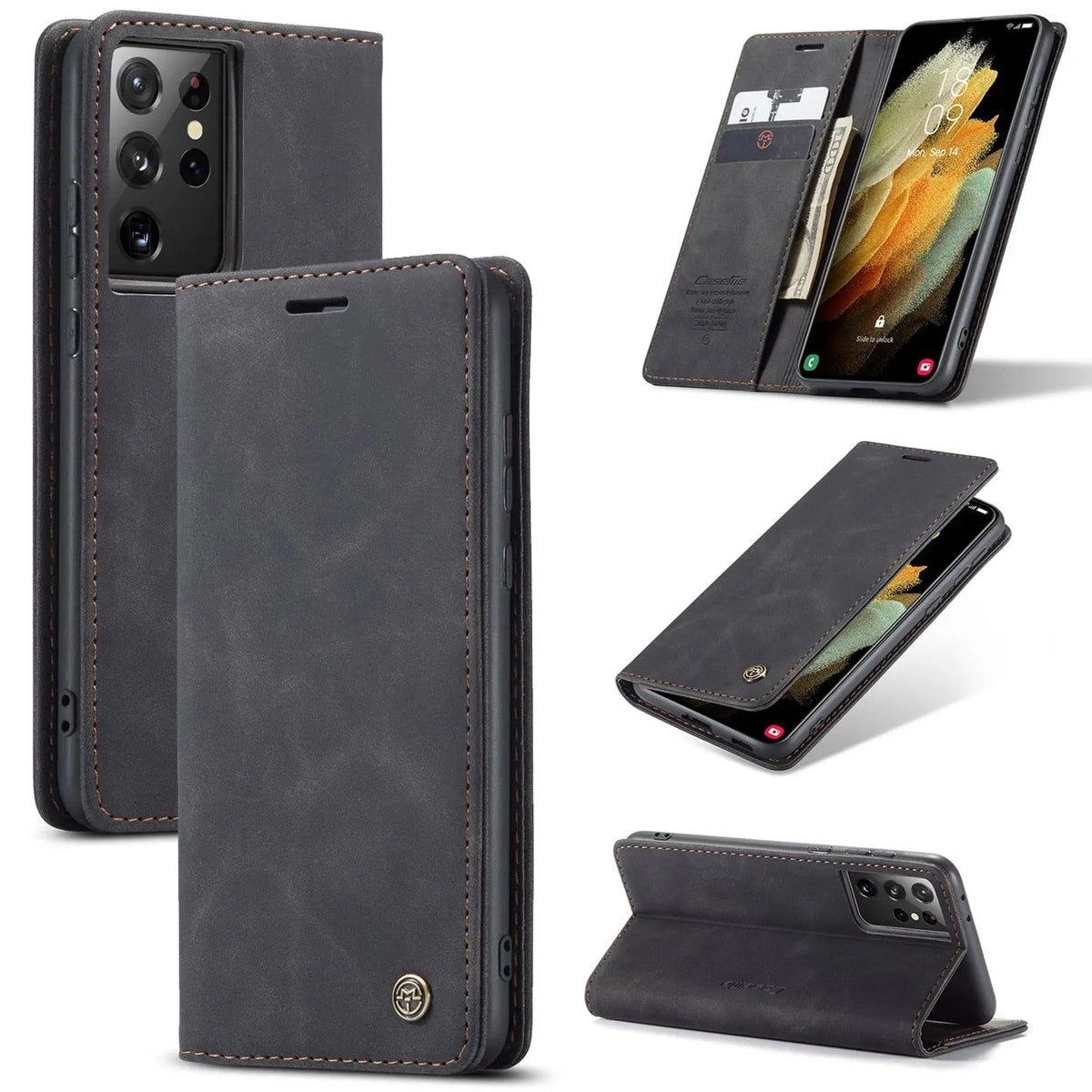 Étui de téléphone en cuir Galaxy S21 Ultra Plus avec support, coque protectrice, marron noir bleu rouge, élégant | Sansoti