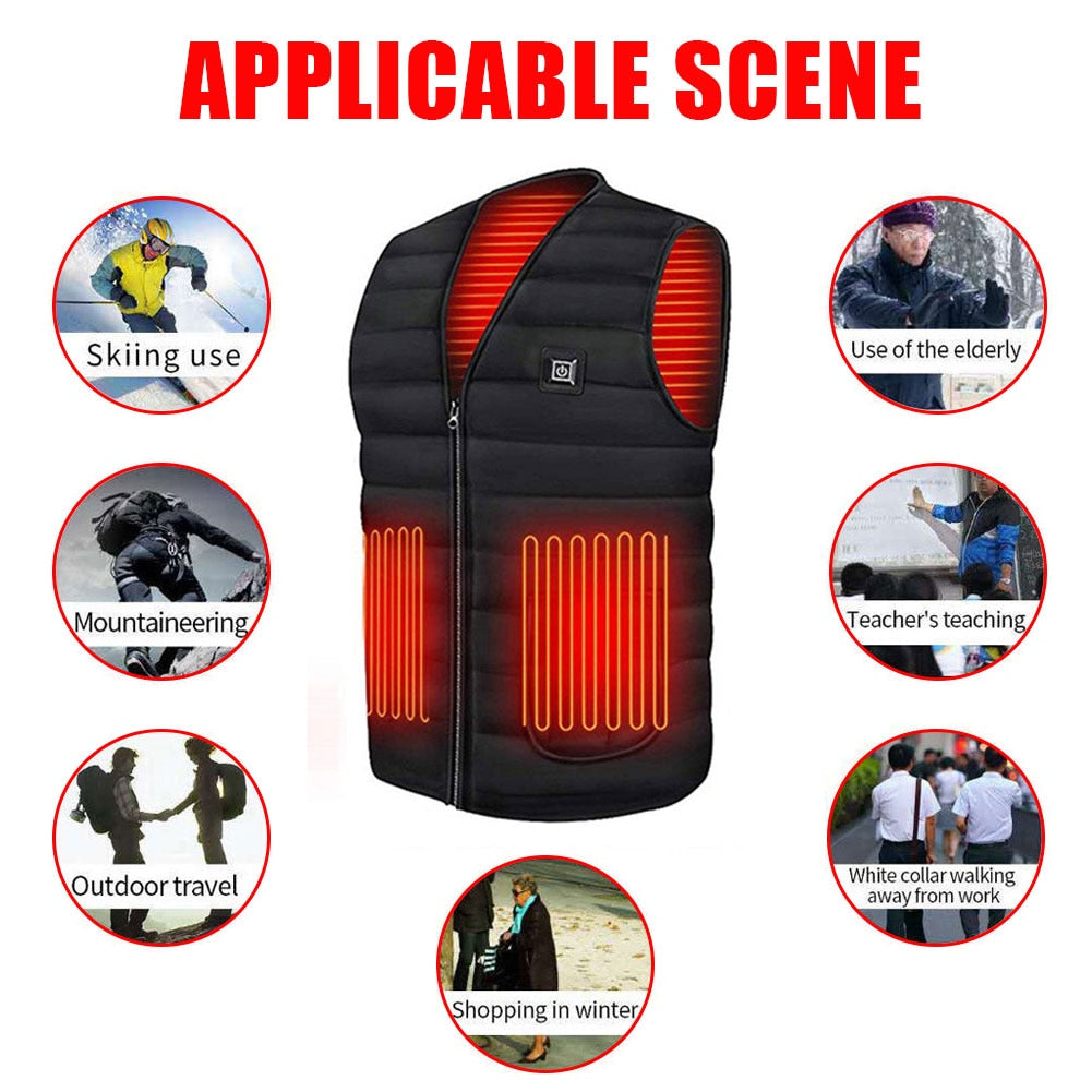 Elektrisch beheizte Weste mit 5 Heizzonen, schwarze Baumwolle, für winterliche Outdoor-Aktivitäten und Komfort | Sansoti