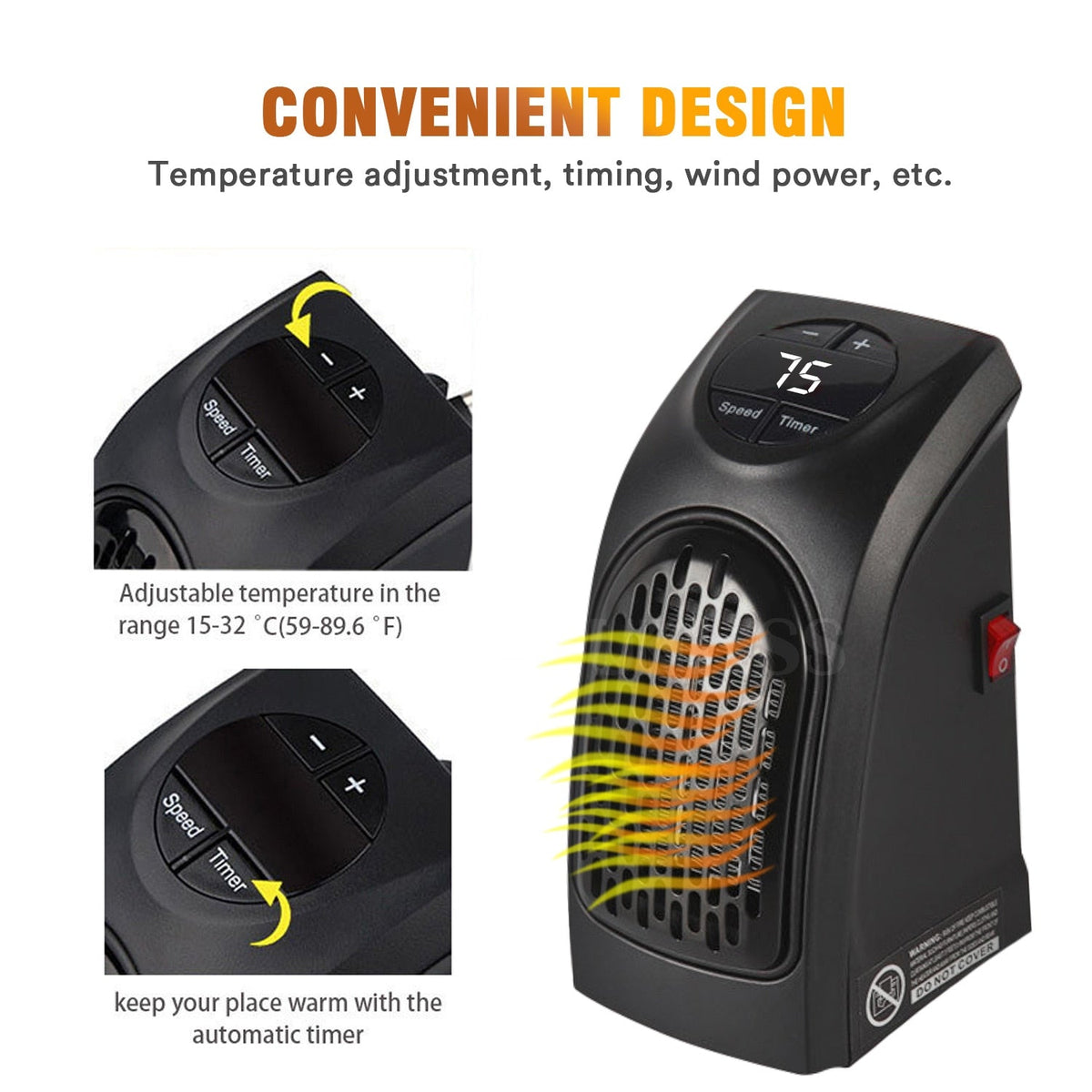 Compact Plug-in Heater 400W Digital Temperature Control Timer Room Heating Energy-efficient Bedroom | Sansoti