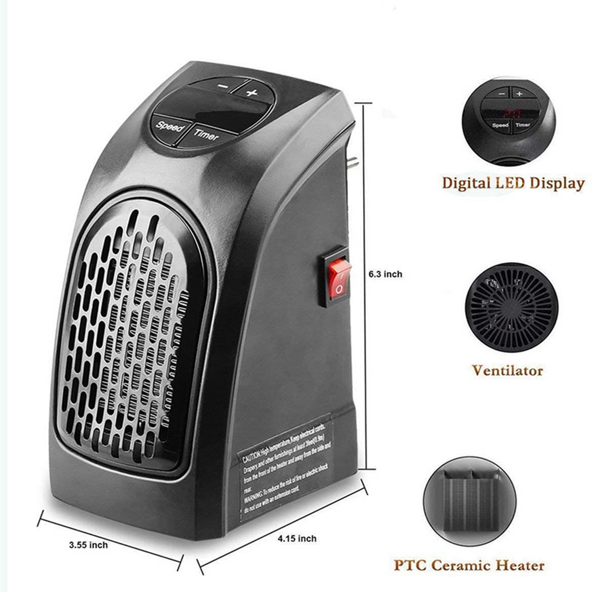 Compact Plug-in Heater 400W Digital Temperature Control Timer Room Heating Energy-efficient Bedroom | Sansoti