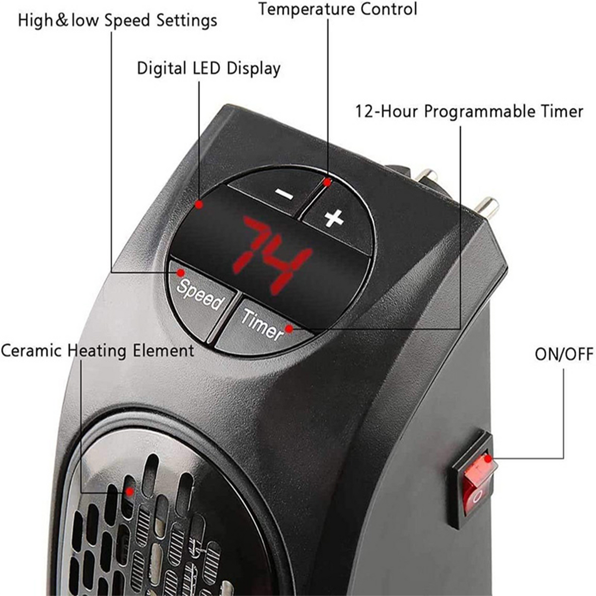 Compact Plug-in Heater 400W Digital Temperature Control Timer Room Heating Energy-efficient Bedroom | Sansoti
