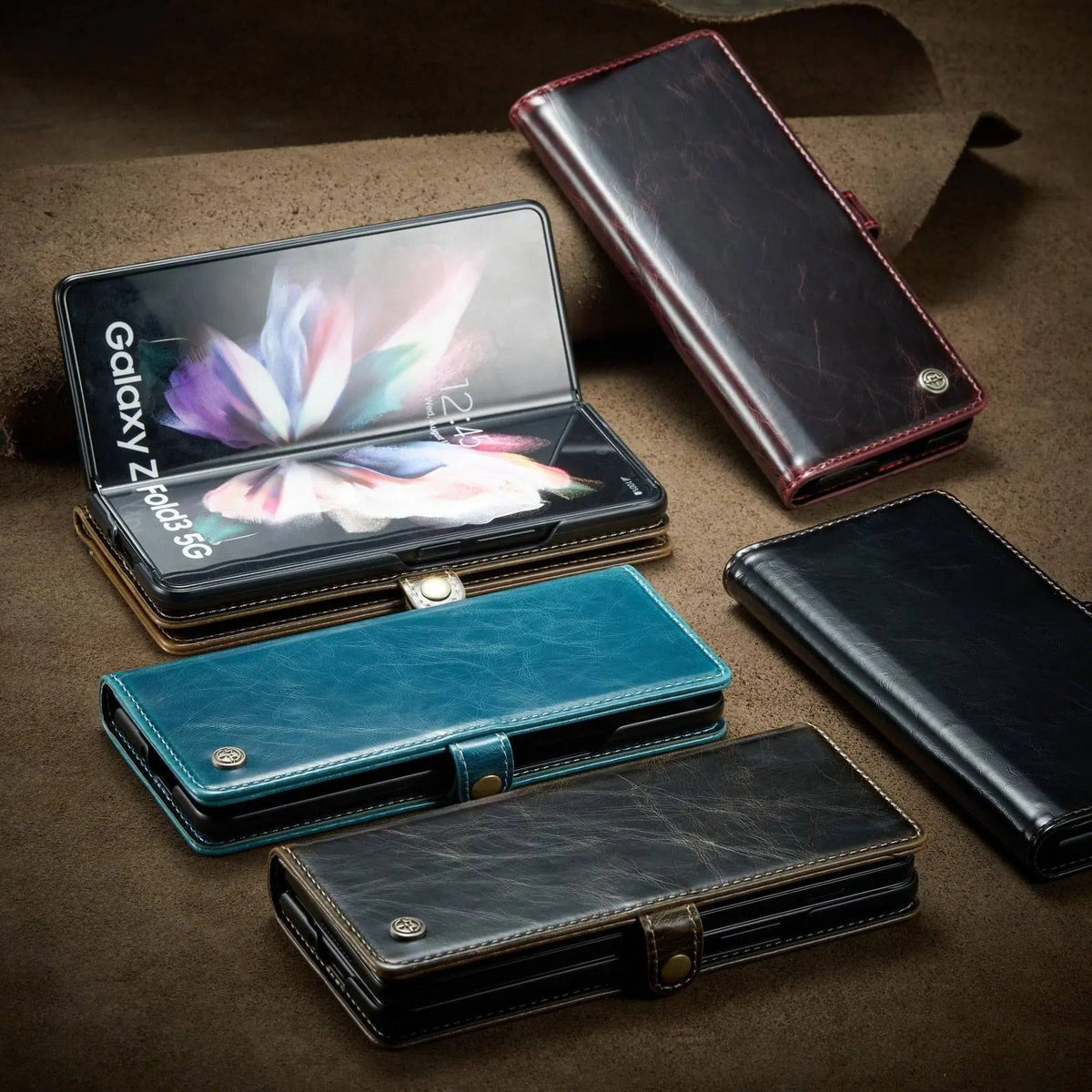 Leather Phone Case with Wallet Card Holder for Foldable Smartphone Black Blue Red Brown Protection | Sansoti