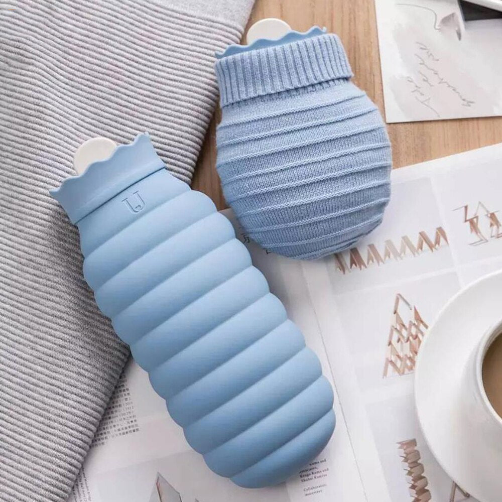 Microwave-Safe Silicone Hot Water Bottle 313ml 620ml with Knitted Cover for Abdominal Pain Relief and Warmth | Sansoti
