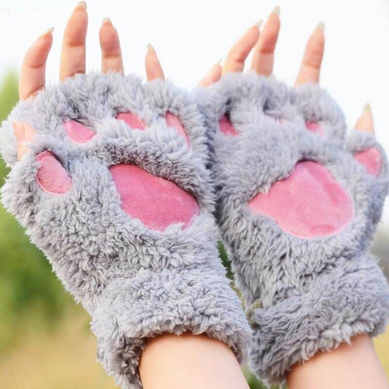 Fingerlose Handschuhe Plüschpfote Damen Winter Warm Unisex Wolle Kaschmir Handgelenklang Bärenprint Gestrickt | Sansoti
