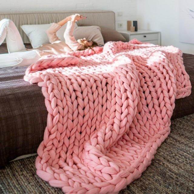 Chunky Knit Plaid Soft Acrylic Handwoven Blanket Solid Warmth Decorative Living Room Bedroom Sofa Cozy | Sansoti