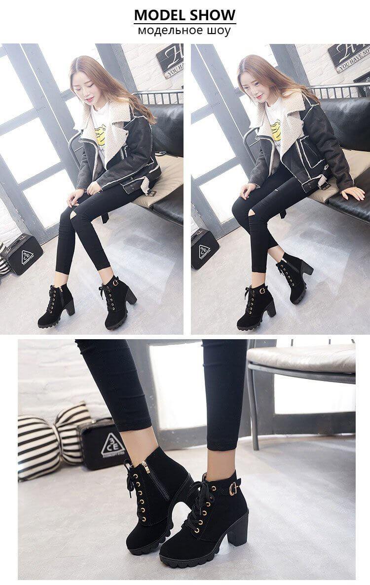 Women's Ankle Boots Square Heel PU Leather Zipper Black Green Yellow Bordeaux Comfortable Winter Footwear | Sansoti