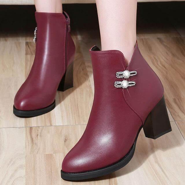 Enkellaarzen met Blokhak en Kristaldetail Dames Rits Plateauzool Kort Pluche Voering Rubberen Zool Winter | Sansoti